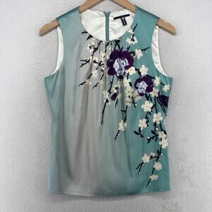 ELIE TAHARI Tank Top S Silk Satin Floral Ruched 5F BERGDORF GOODMAN Green Vtg
